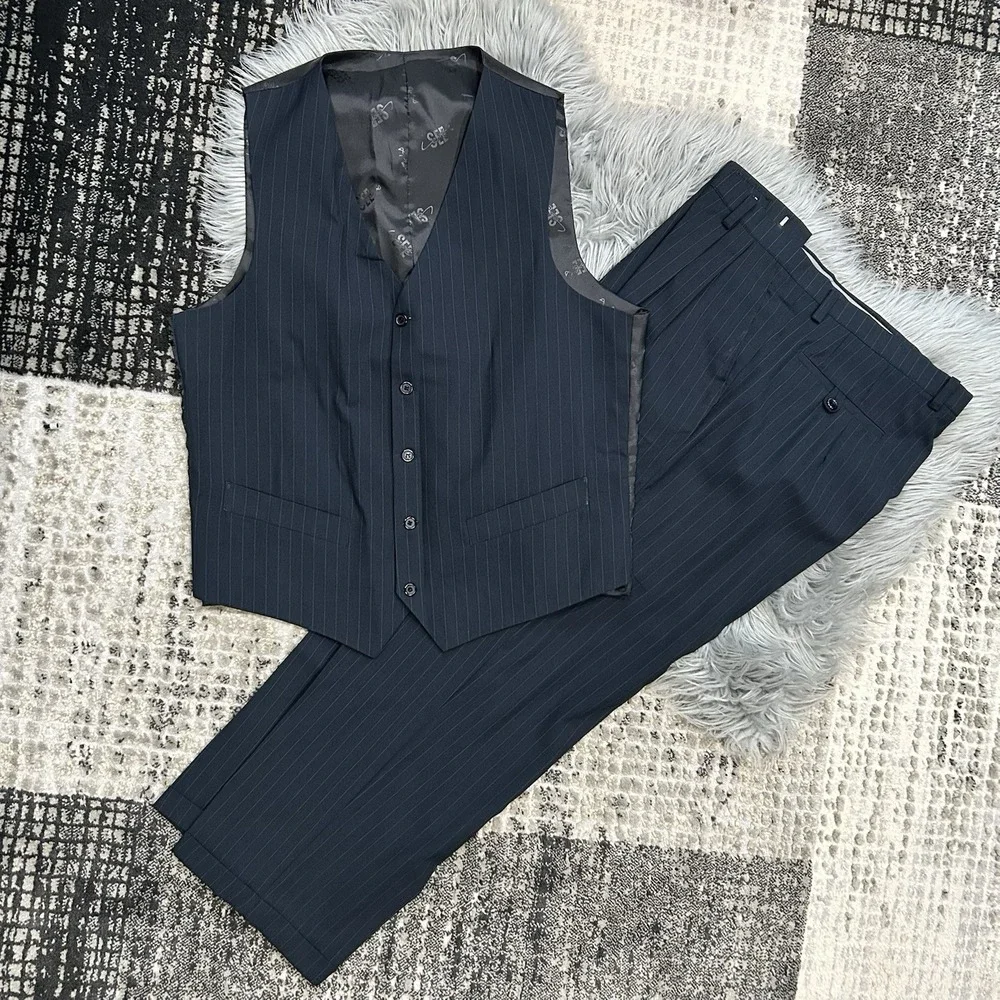 Custom‎ Tailor Mens Dark Navy Pinstripe 3 Piece Suit 38X30